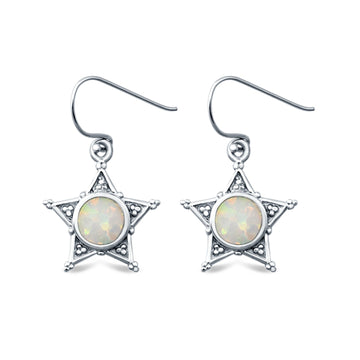 Sheriff Star Drop Dangle Earrings Round Lab Created White Opal 925 Sterling Silver (14mm)